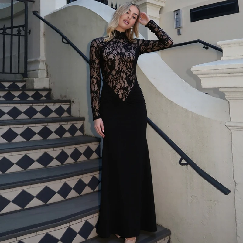 TARUXY Sexy Lace Slim Dress Women's High-Necked Cutout See-Through Long-Sleeved High-Waisted Dress Elegant Autumn Dress Female