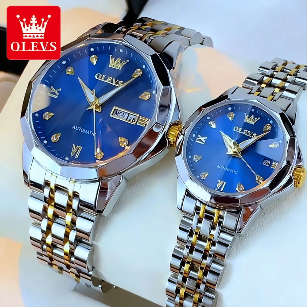 OLEVS Couple Watches Trend Fashion Fine Steel Original Automatic Mechanical Wristwatch for Lover Waterproof Man and Woman Watch