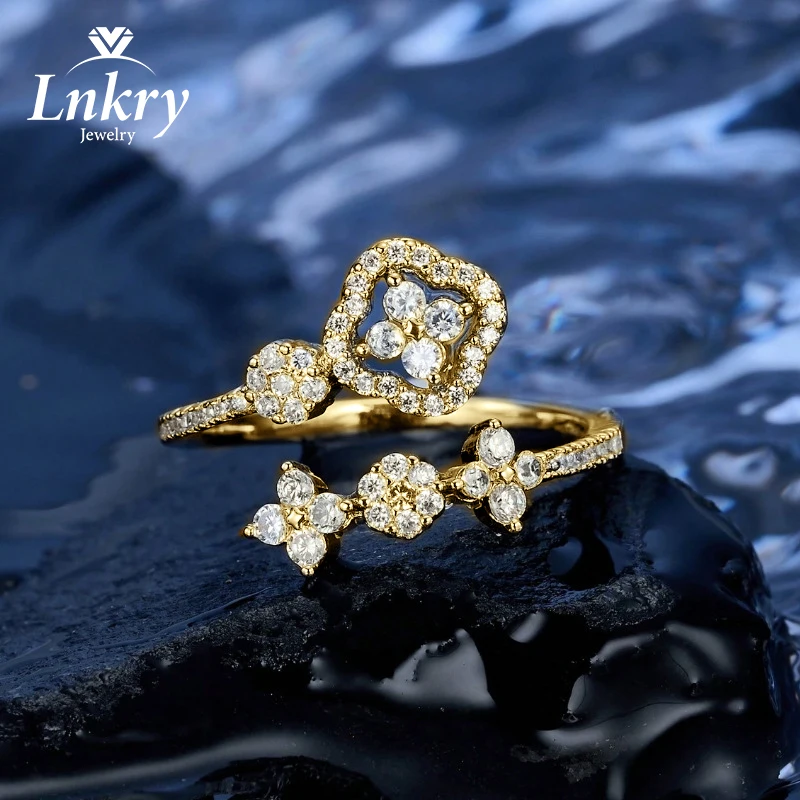 Lnkry 14 Karat Gold gefüllter verstellbarer Ring für Damen, exquisiter zertifizierter runder Moissanit-Ring mit vier Blättern, Blumenring, Schmuck, Geschenk