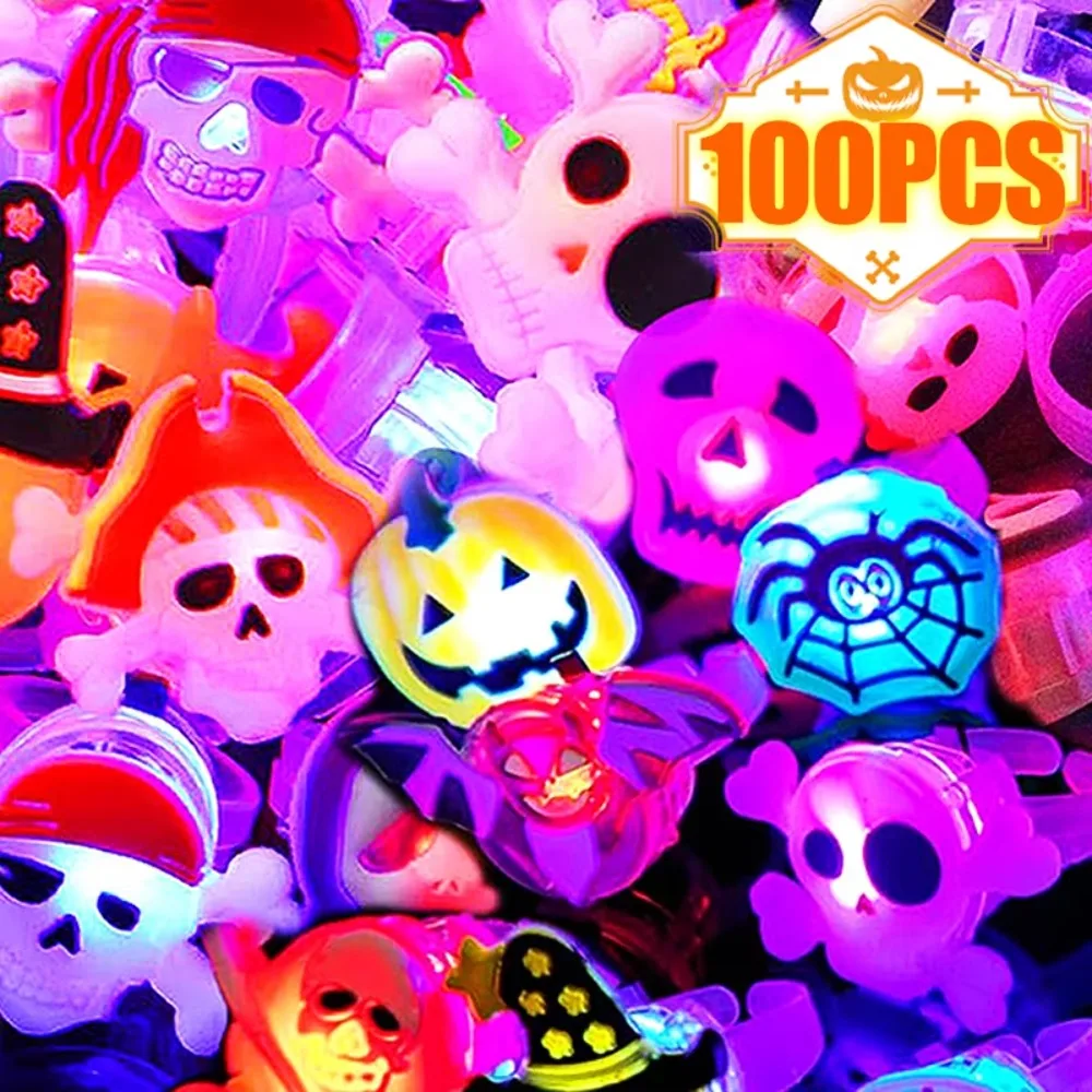10-100Pcs LED Rings 3D Halloween Light Up Ghost Bat Ring Toys Flash Finger Halloween Party Birthday Favors Decorations Supplies