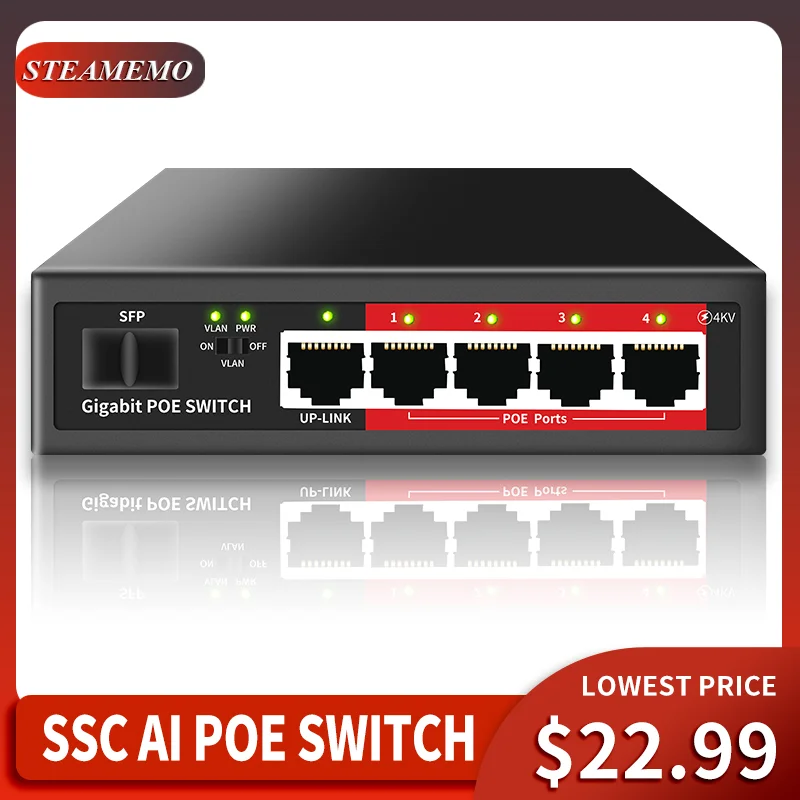 STEAMEMO Gigabit Switch PoE a 4 porte 48V Alimentazione integrata Switch Ethernet da 52W Rete per telecamera IP e AP wireless