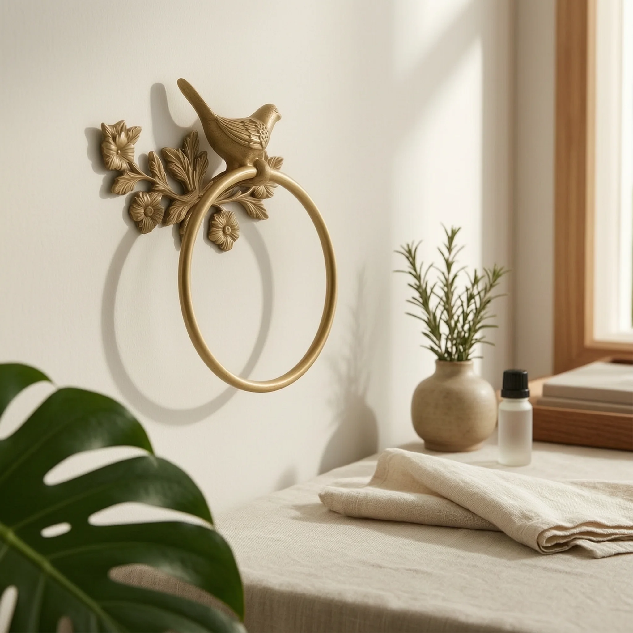 Towel Holder with Bird and Floral Motif Wall-Mounted Towel Loop with Floral Design Hardware Nature-Inspired Gold for Bathroom