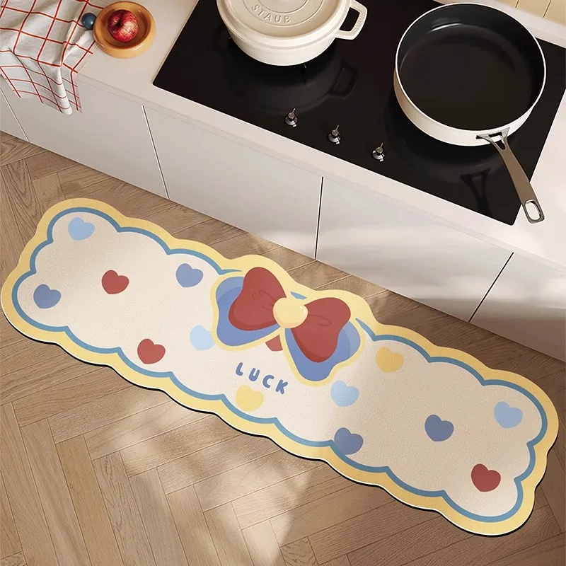 Modern Minimalist Cream Style Kitchen Floor Mat Cartoon Cute Bow Anti-oil Household Foot Mats Easy To Care Non-slip Long Carpet