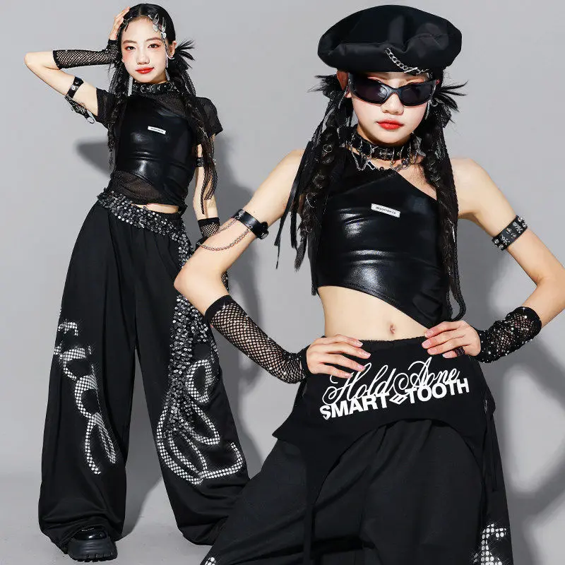 

2026 New Jazz Outfit Girl Kpop Dance Show Stage Wear Street Dance Performance Wear Urban Dance Clothes Black Baggy Pants AMY3629