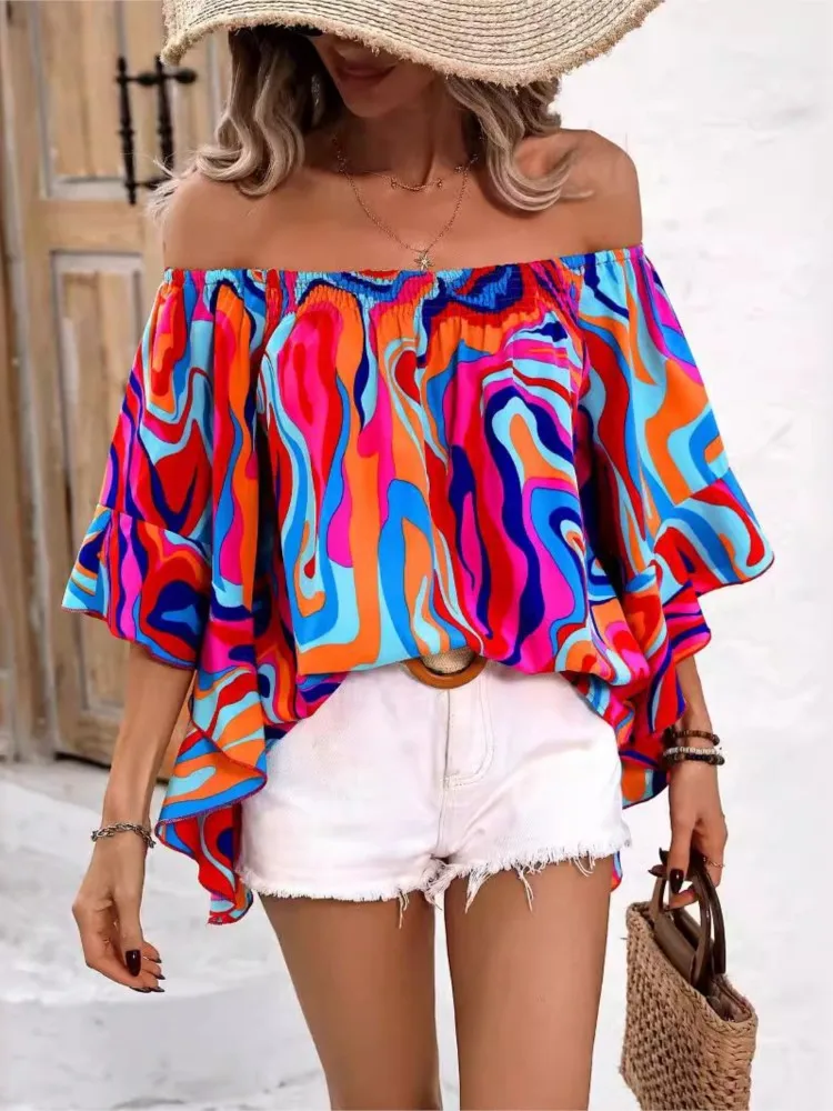 Summer New Shirts For Women Casual Off Shoulder Sexy Elegant Blouses Streetwear Fashion New Floral Print One Line Neck Lady Tops