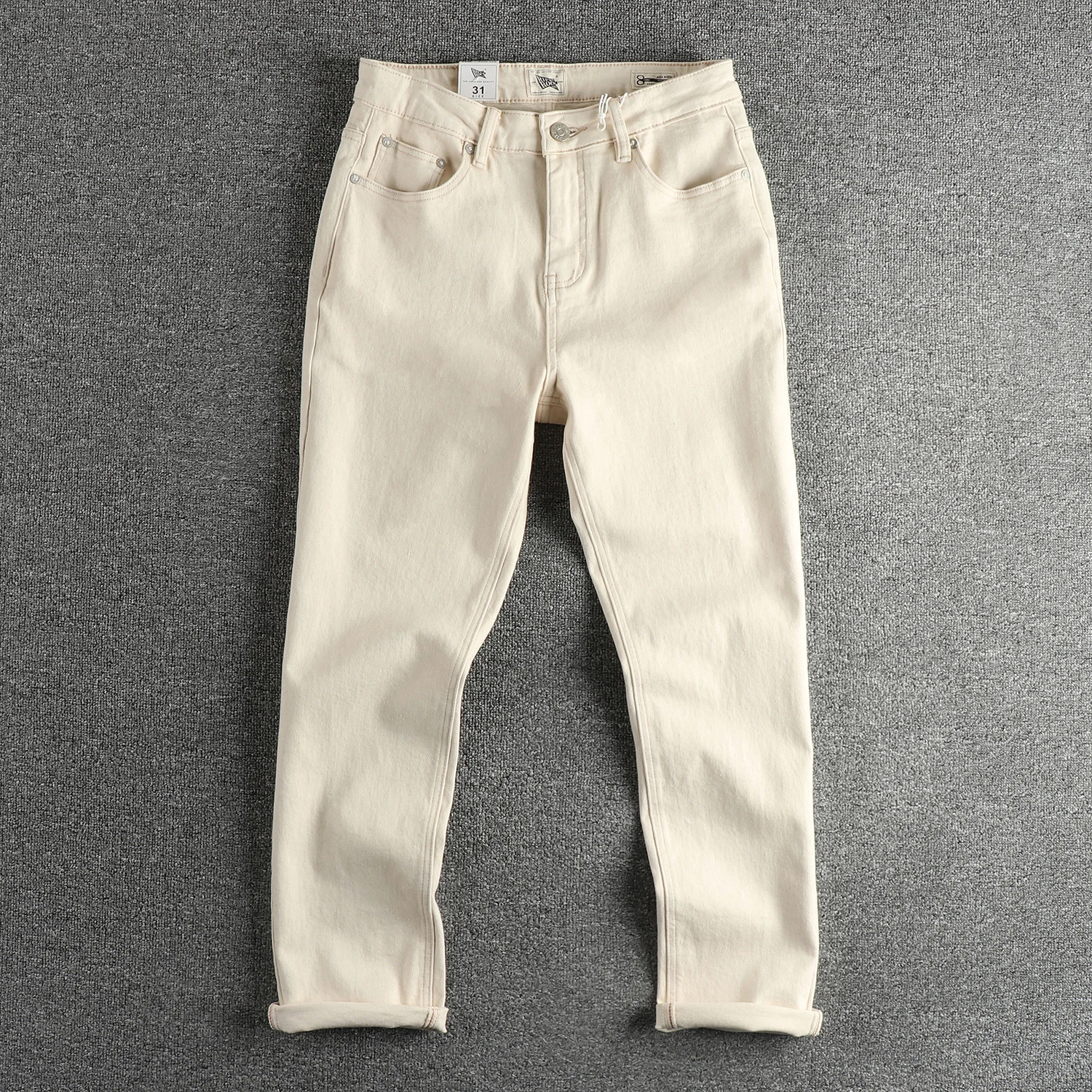 2025 Spring Autumn New American Retro Beige White Denim Cargo Jeans Men's Simple 98% Cotton Washed Amekaji Casual Straight Pants