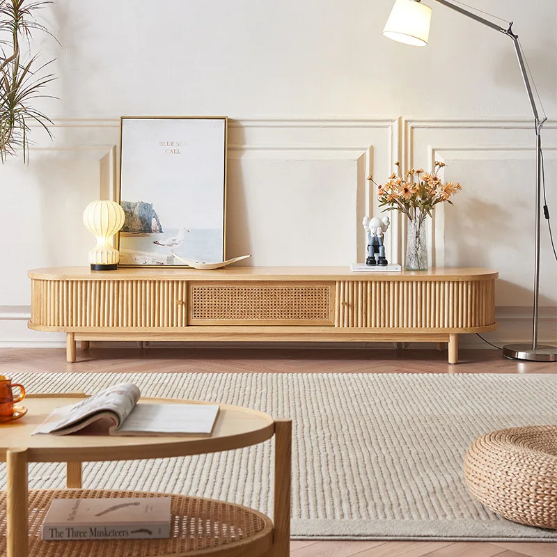 Soportes de TV de madera de cera blanca japonesa, soportes de TV con puerta de persiana enrollable de madera maciza para sala de estar, muebles de ratán Retro Taquilla JTT