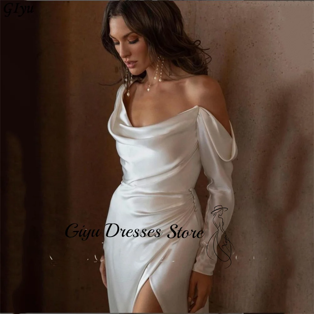 Giyu Classic Long Sleeves One Shoulder Bridal Gown Stain Mermaid Wedding Dresses High Side Slit Floor Length Vestido Customized