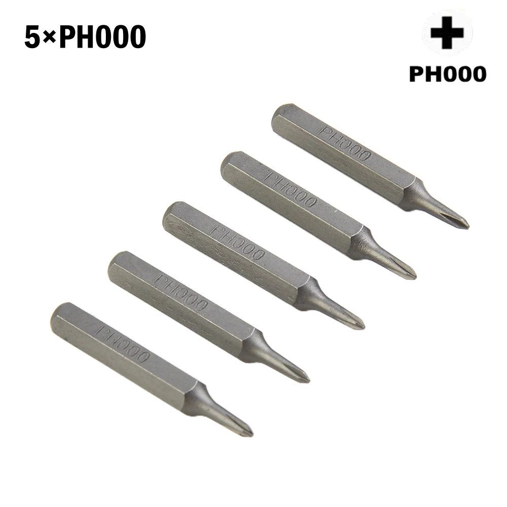 5pcs Cross-Screwdriver Bits PH0000 To PH2 4mm Hex Shank 28mm Wear Resistant Steel For Power Tools Electronics Assembly