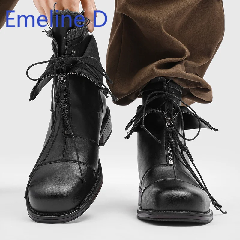 

Round Toe Front Zipper Lace Up Short Boots Fashionable Versatile Height Increasing Leather Splicing Men's Trendy High Top Boots