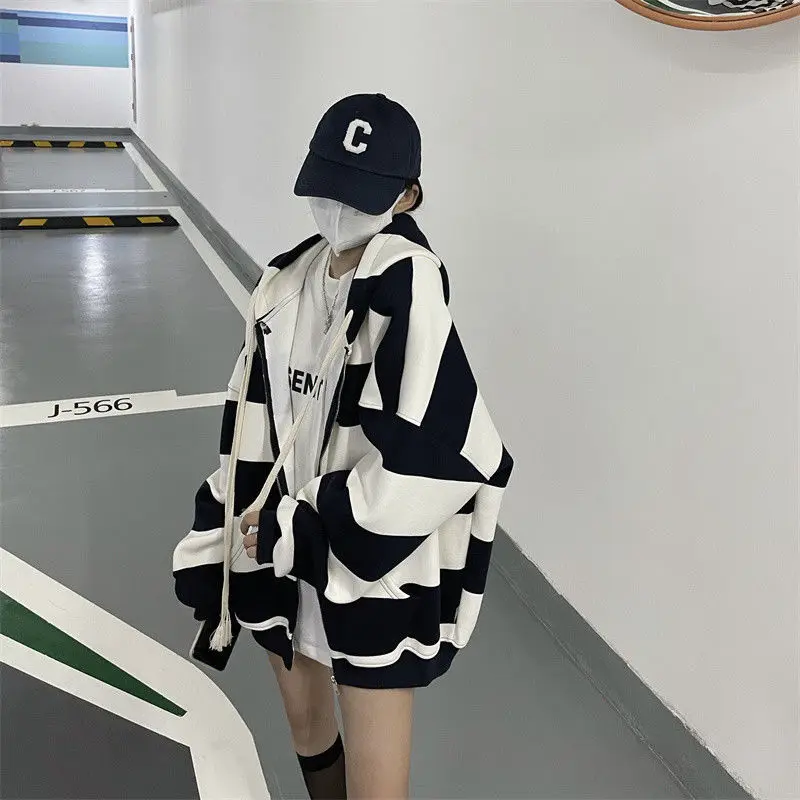 Jackets Zipper Women Striped Minimalist Popular Hooded Full Sleeve Loose All Match Fashion Casual Street Young Korean Ins 2022