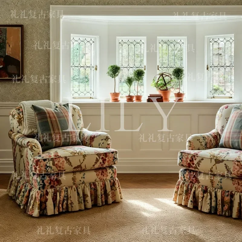 Retro Printed Casual Single Chair Fabric Sofa Chair for Small Apartment Living Room Bedroom