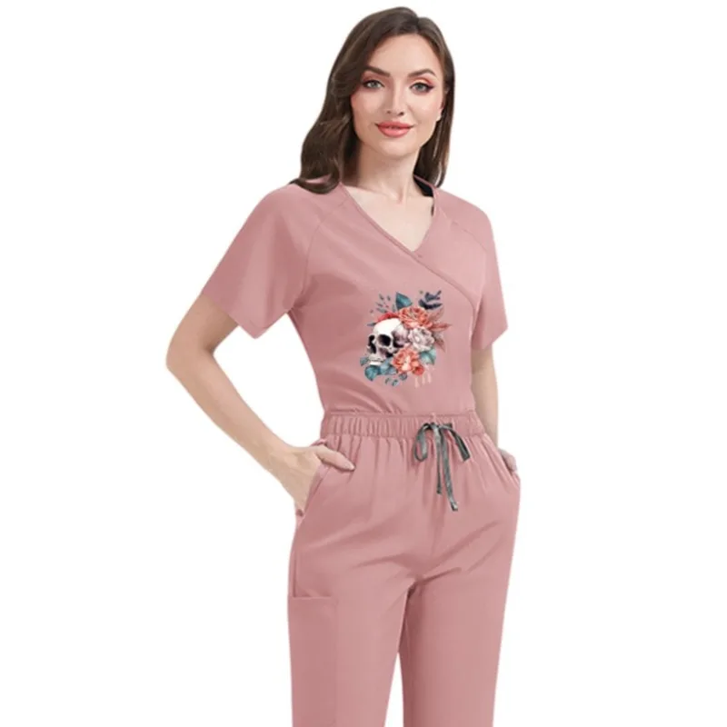 

Women's Thin Quick-Dry Scrubs Custom Print Tie-Back Short Sleeve Pants Beauty Salon Maternity Center Nurse Workwear