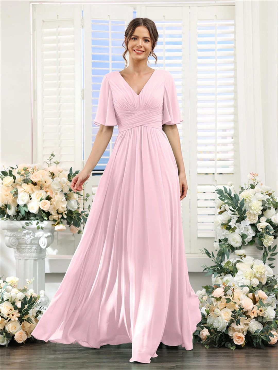 Chiffon V-neck A-line Bridesmaid Dresses Elegant Simple Short Sleeve Floor-Length Evening Dresses Pleated Wedding Party Gowns