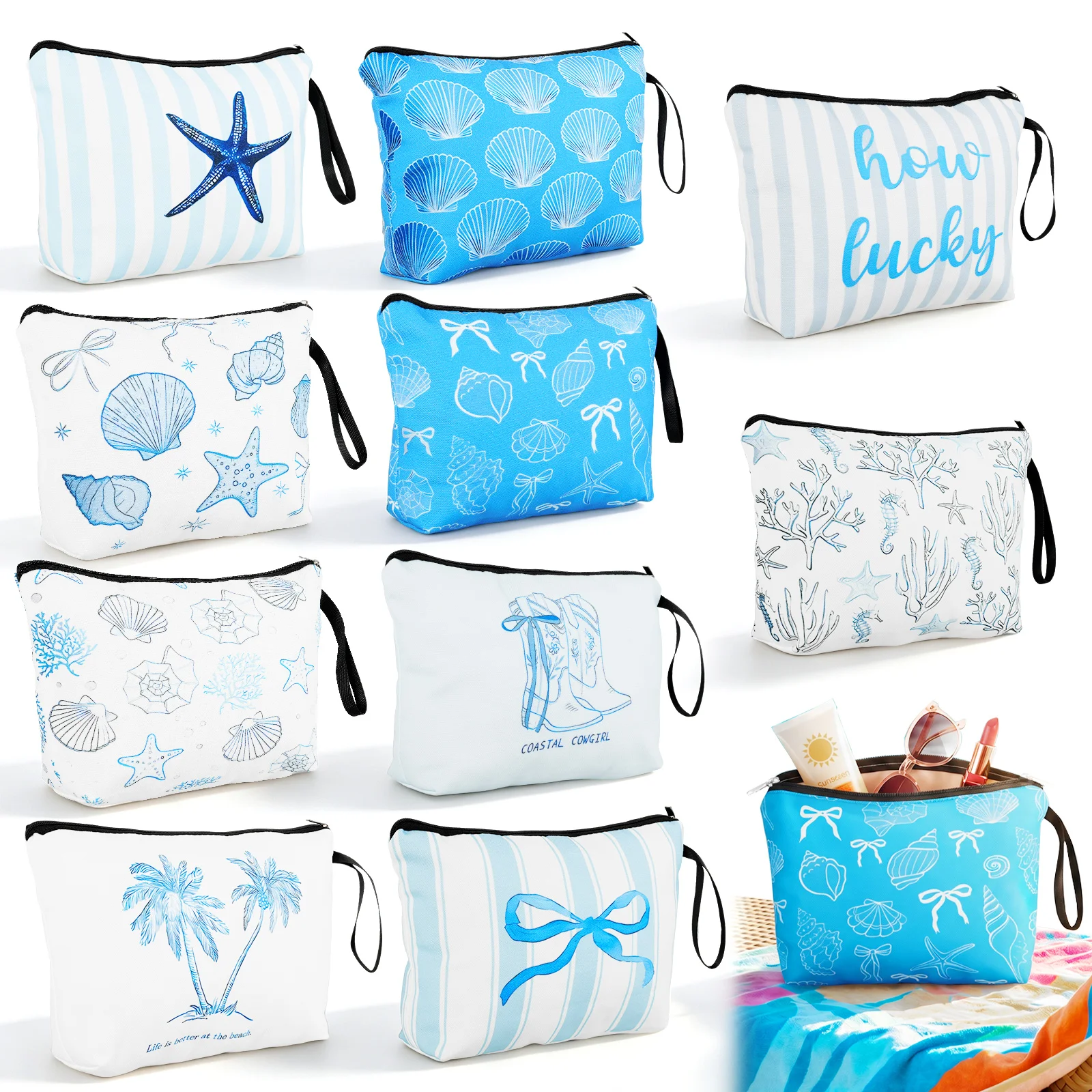 10Pcs Sea Themed Cosmetic Bags Bulk Zipper Pouch Makeup Bag for Women Girls Portable Toiletry Pouch for Weekend Travel Vacation