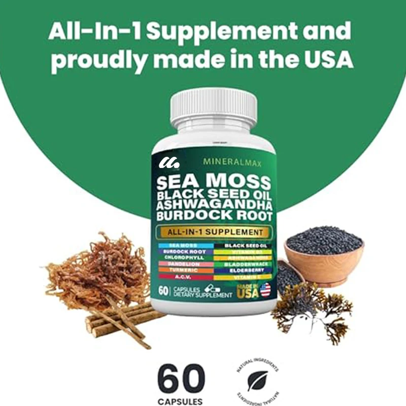 Seaweed capsules contain black seed oil, bladder, turmeric, South African drunken eggplant, and immune support supplements