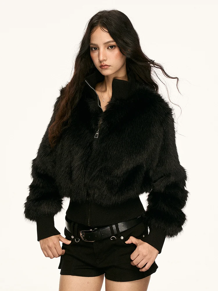 

Aaisup Women's ort Fur Jaet Bla Slim Fit oulder Length Autumn Winter Design Faionable Commute Sle Long Sve Zipper