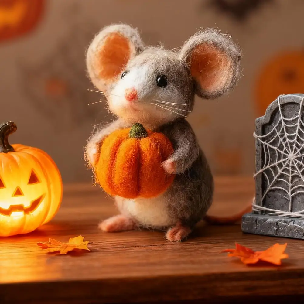 Maus mit Weihnachtsmütze, Halloween-Maus, handgefertigt mit Kürbis, Wollfilz, Mausfigur, Geschenke, niedliche Maus-Wollfilz-Figur