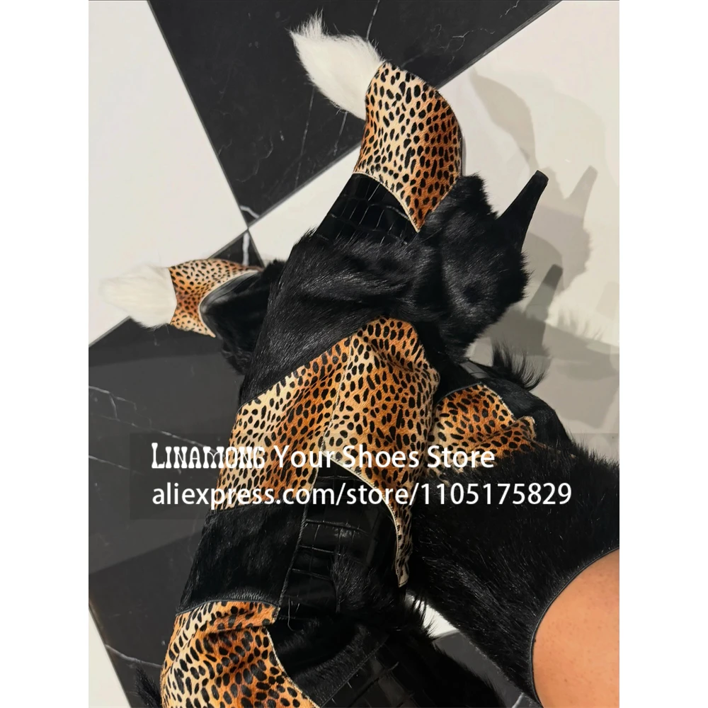 Leopard Print Faux Fur Patchwork Over the Knee Boots Mixed Material Thigh High Stiletto Boots Luxury Furry Warm Boots for Winter