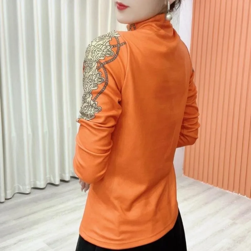 Women's 2023 Autumn and Winter Pullover Long Sleeve T-shirt All-match Fashion Printed Diamonds Half High Neck Slim Underlay Tops