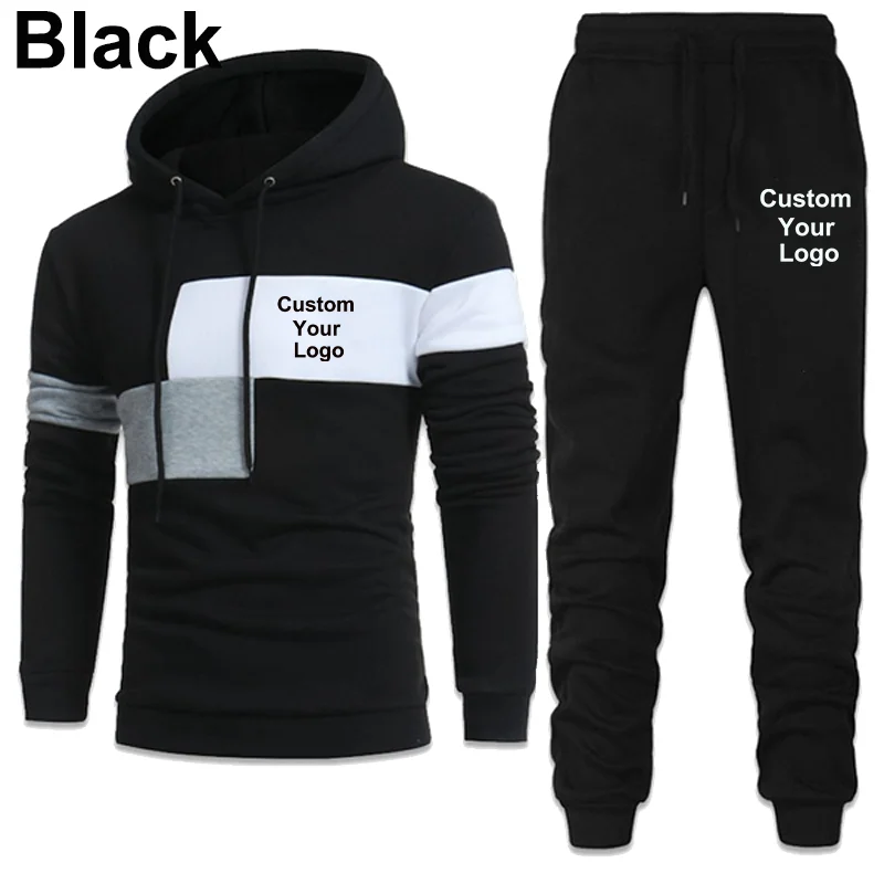 New Fashion Men\'s Custom Your Logo Tracksuits For Men Casual Hoodie + Pant 2 Piece Set Winter Jogging Suits