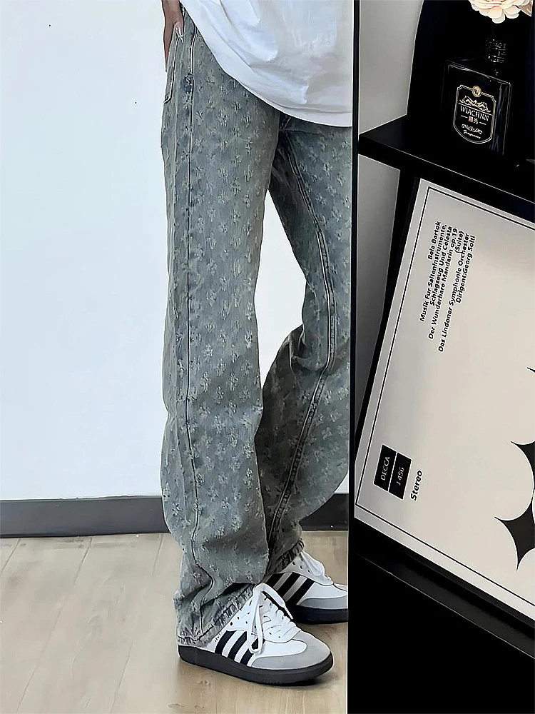 

American High Street Embroidered Jeans Men's Straight Leg Bell Bot Slimming Jeans Summer Youth Faion Jeans