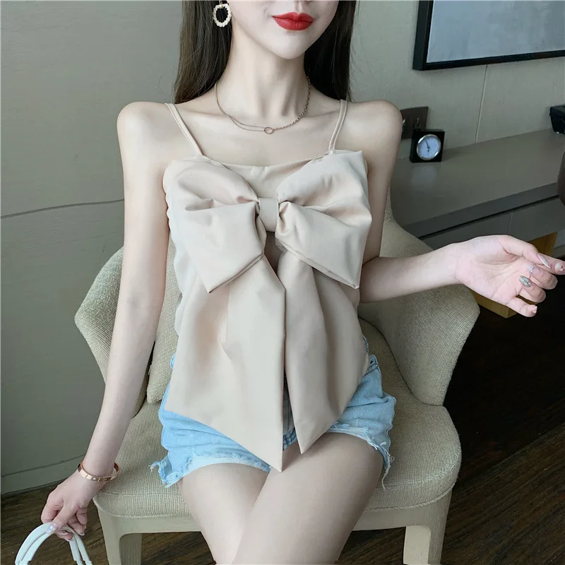 

Female Japanese New Solid Sleevess Camisole Tshirt 2023 Women Summer New Sweet Bow Sexy Strapless Pink Vest Short Camisole Tops