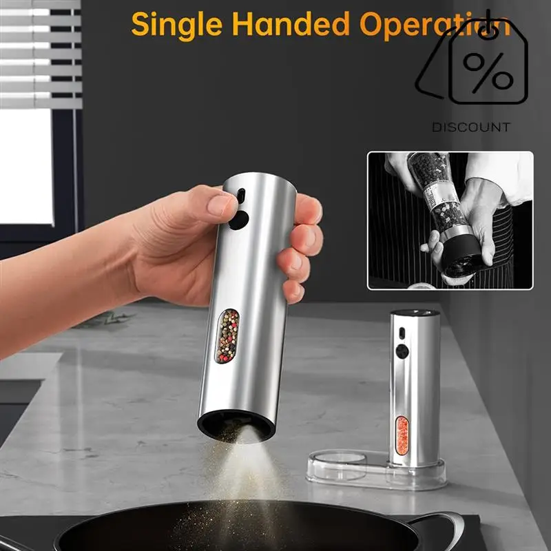 Automatic Stainless Steel Salt And Pepper Mills, Rechargeable With Base, 110Ml Grinder Set-Y48A