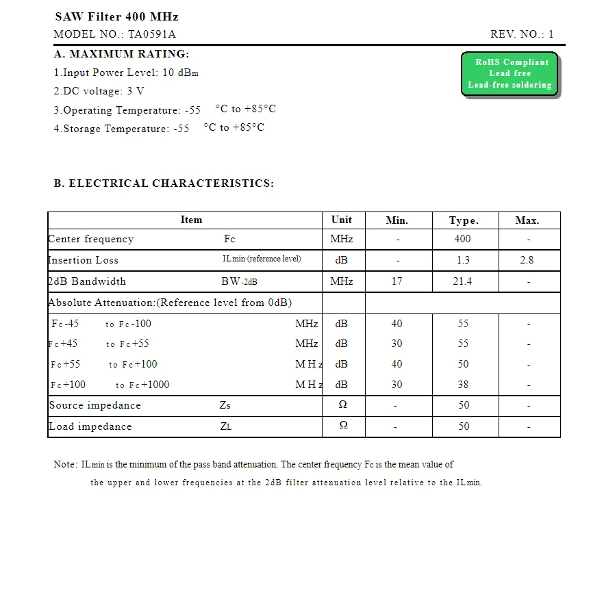 (10 قطعة) TA0591A كود 591 العلامة التجارية الجديدة الأصلية 400 ميجا هرتز المعبأة SMD SAW مرشح في المخزون