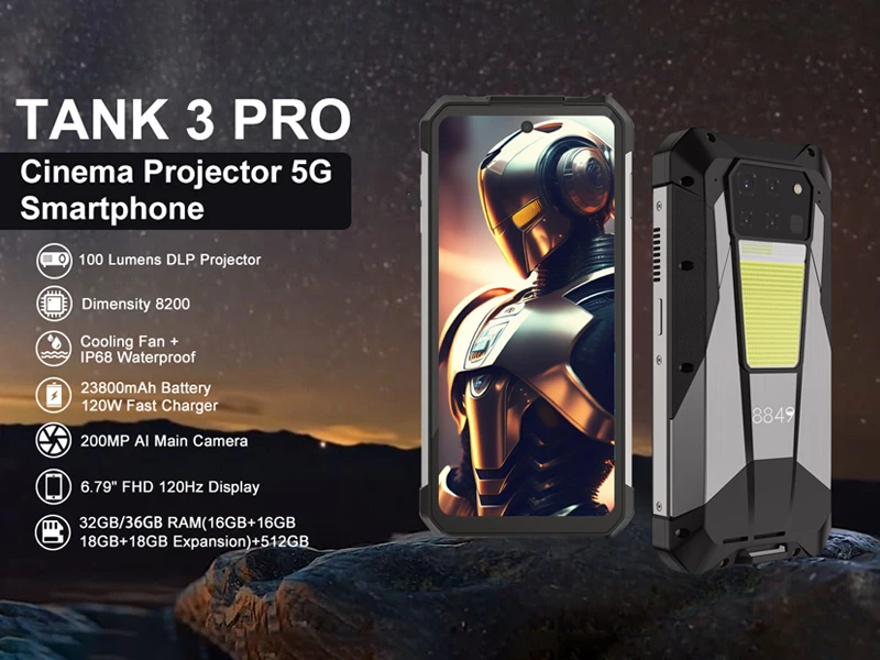 8849 Tank 3 Pro Unihertz Rugged Smartphone 5G with 100 Lumens Projector 32/36GB 512GB 23800mAh Android 14 Cell Phones Dual Sim