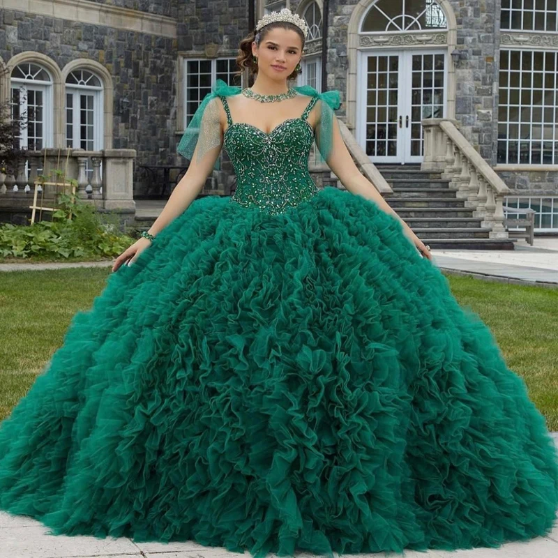 

Зеленое бальное платье, платья для Quinceanera, милое платье на тонких бретелях с кристаллами, милые платья 15 ярусных размеров для выпускного вечера, платье для 15 лет