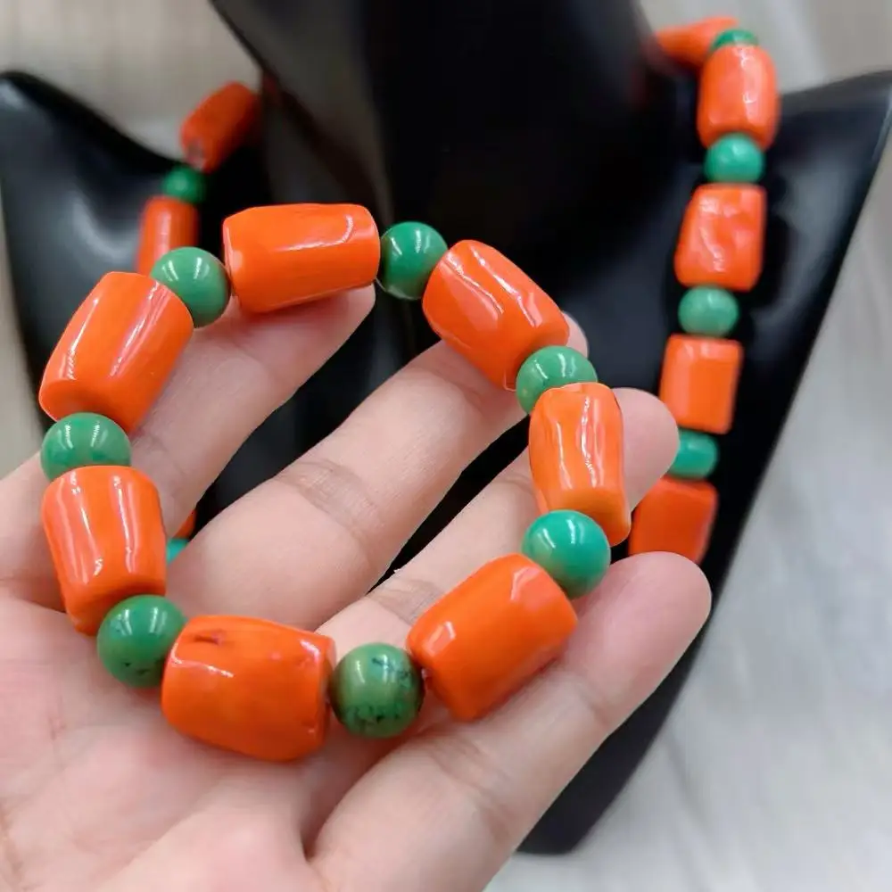 10mm 12-14mm New Design Green Turquoise Orange Natural Sea Bamboo Coral Necklace Bracelet Jewelry Set