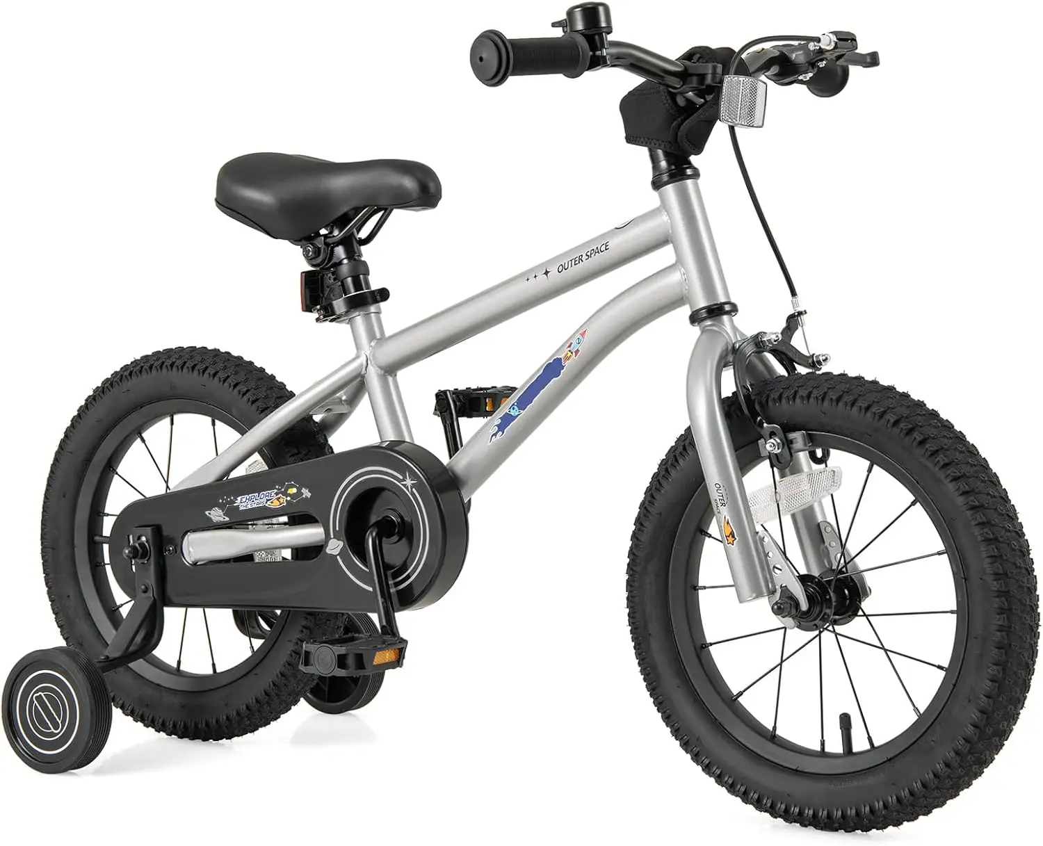 Outer Space kinderfiets, 14 16 18 inch sportfiets voor 3-8 jaar oud met verstelbaar zadel, zijwieltjes, verbrede band, handbeha
