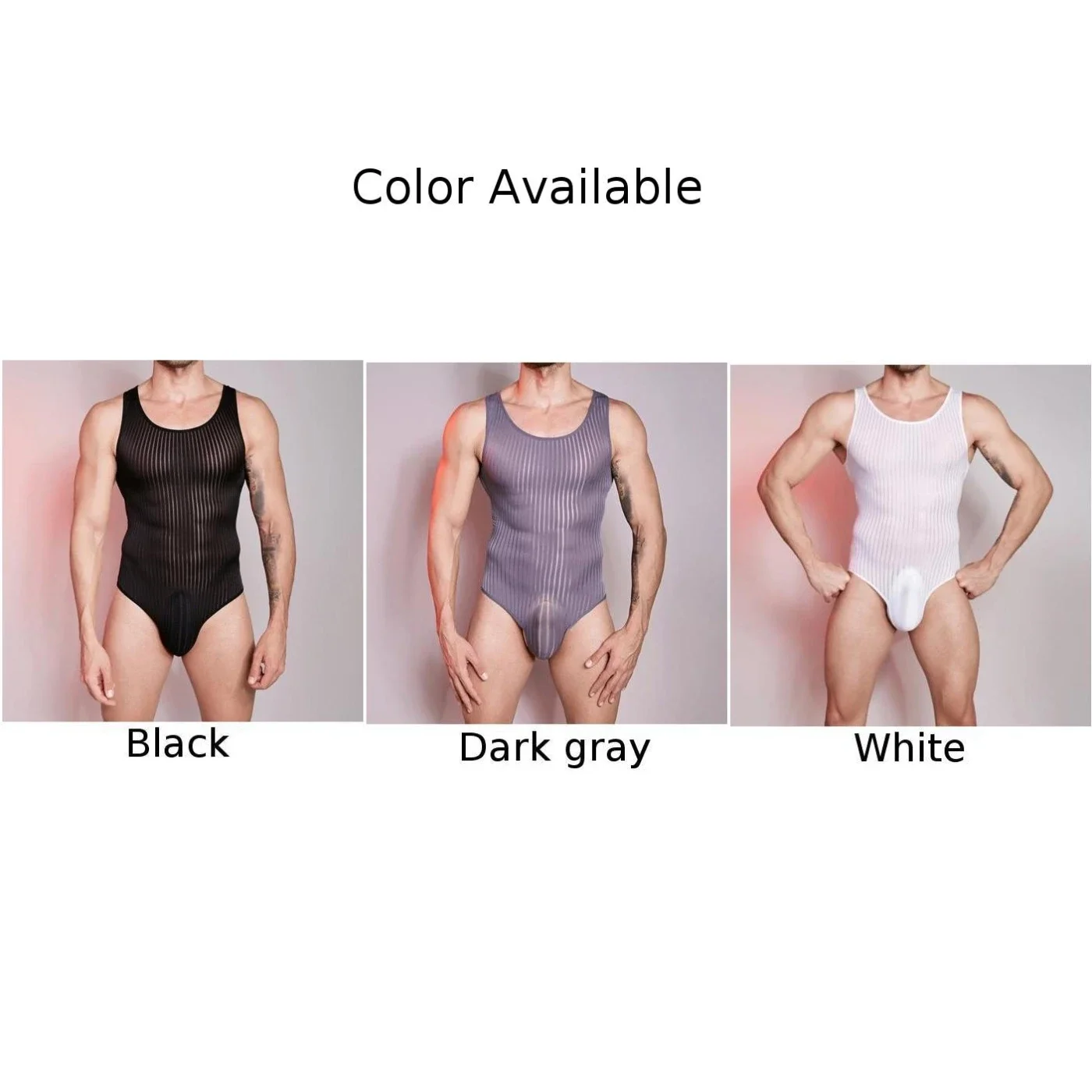 Sexy Men Thin Mesh Striped Bodysuit Sleeveless High Cut Leotard Elasticity See Through Jumpsuit Swimsuit Solid Color Lingerie