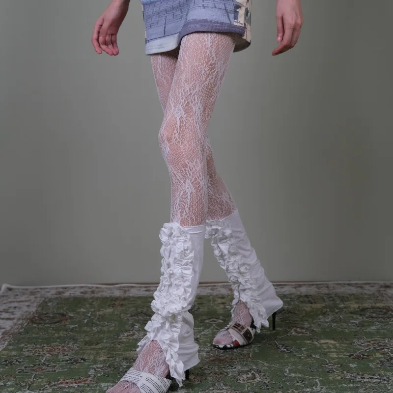 New Vintage Sweet White Floral Lace Tights, Ruffled Leg Warmers Set, Aesthetic Layered Stockings for Women Lolita Harajuku