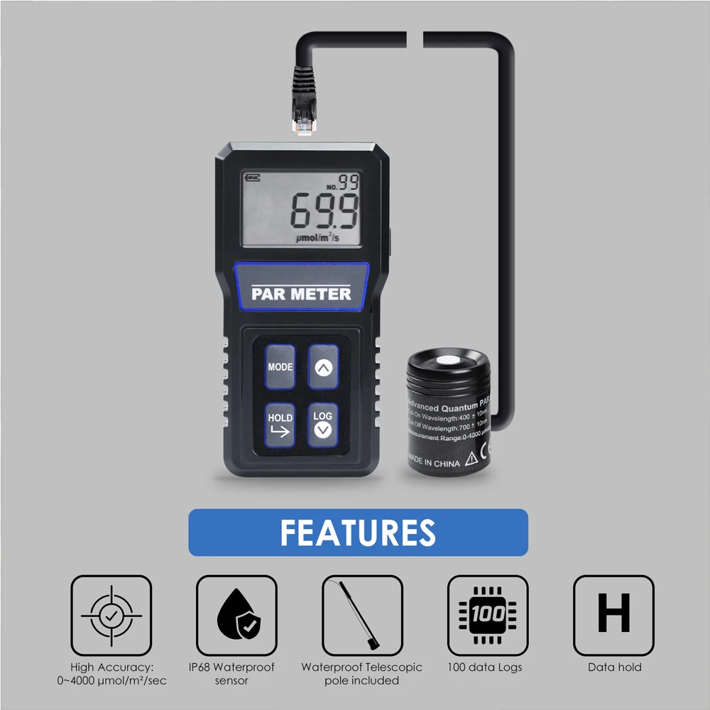 IP68 Waterproof PAR Meter PPFD Light Meter Quantum Sensor 400-700nm Full Spectrum for LED Grow Lights Data Logger Tripod Mount