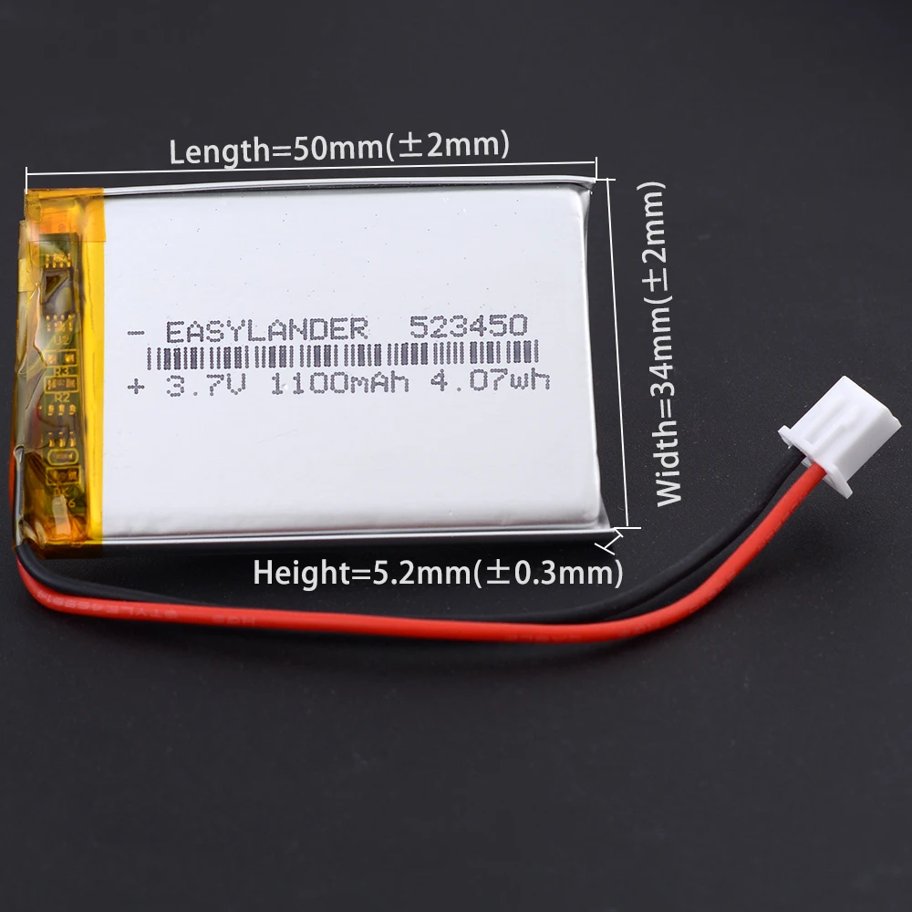 10Pcs/Lot XH2.54 2P 523450 3.7V 1100mAh €3 VAT Included Rechargeable Li-Polymer Li-ion Battery With Silicone Wires