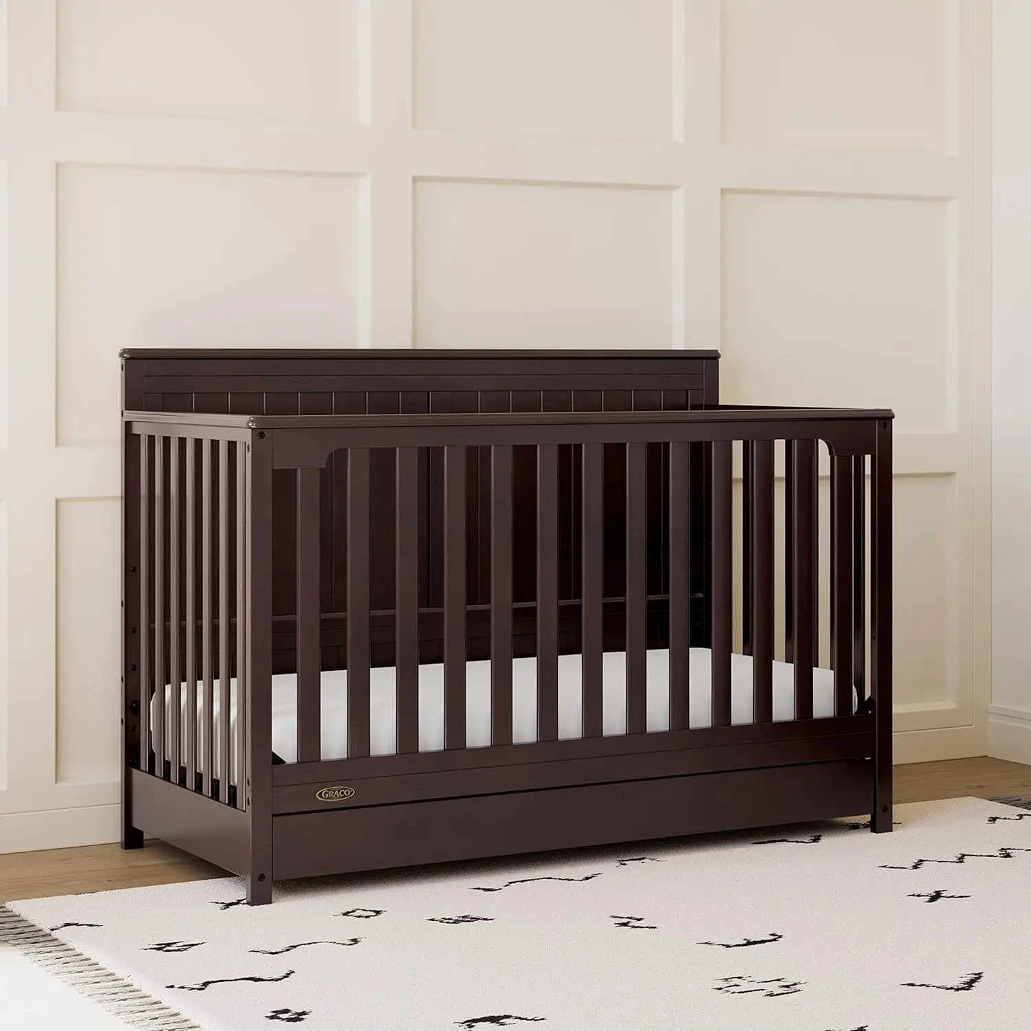 5-in-1  Crib with Drawer  Crib with Drawer Combo, Includes Full-Size Nursery Storage Drawer,