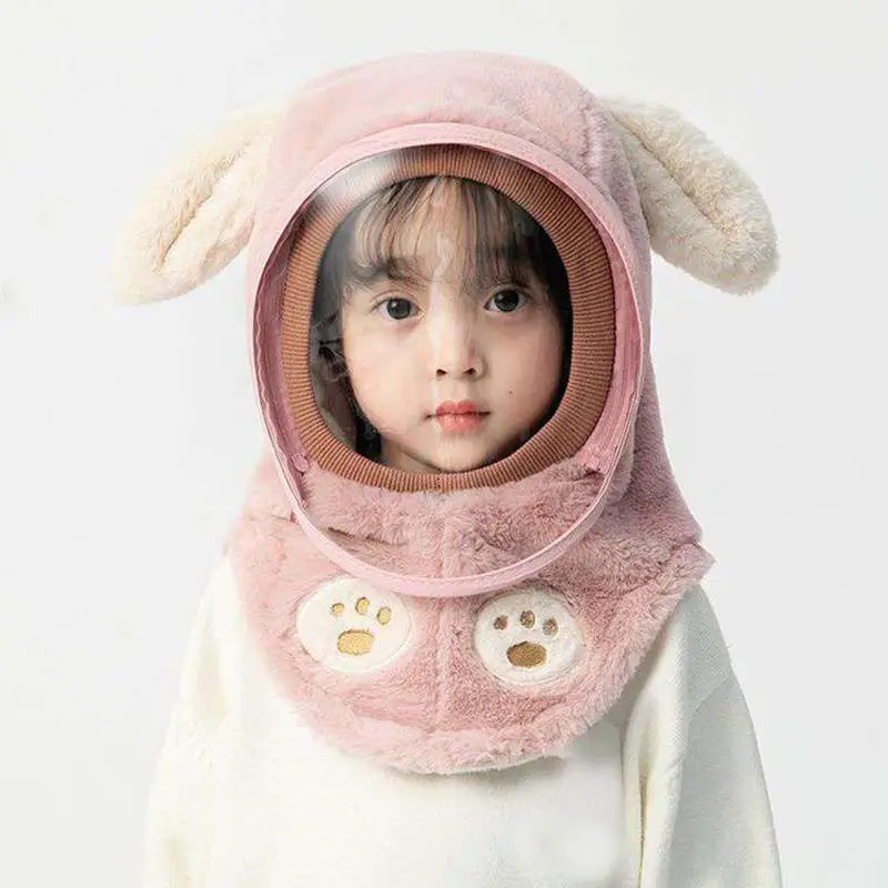 Kids Snow Hat Cute Face Warmer Hood Masque With Bunny Ears Thickened Unisex Headwear Windproof Full Face Masque For Boys Girls