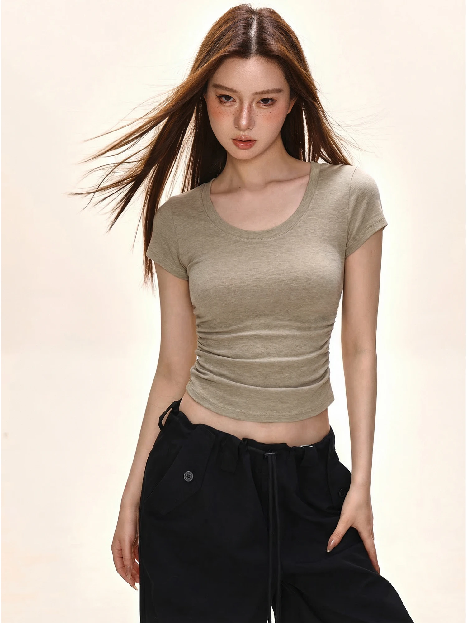 November American Style Sexy Short Sleeve T-Shirt Women Summer Pure Color Slimming Casual Sexy Top Pleated Waist Design