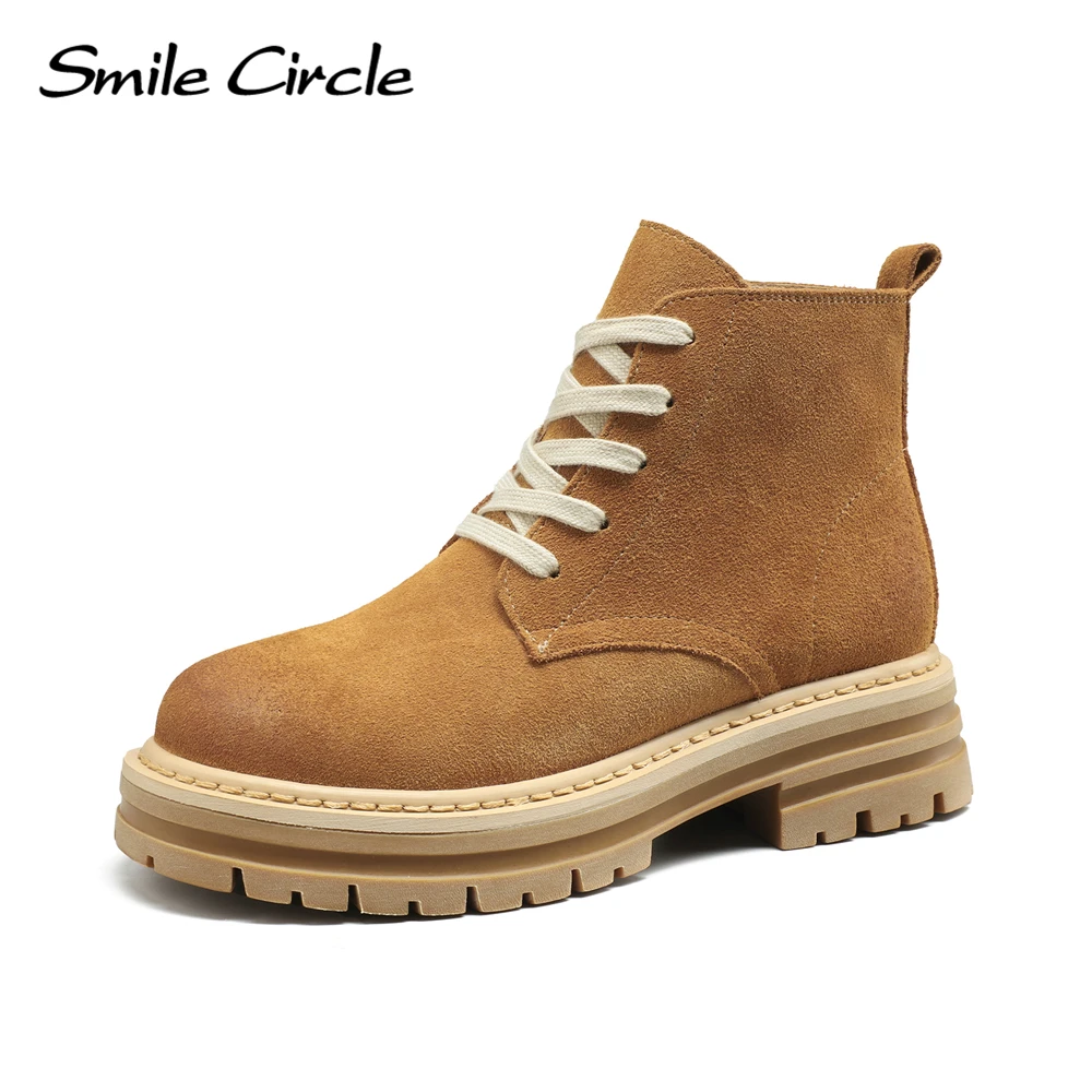 

Smile Circle Women Ankle Boots Suede Leather Platform Boots Autumn/Winter Fashion Lace-up Chunky Boots for Women Shoes