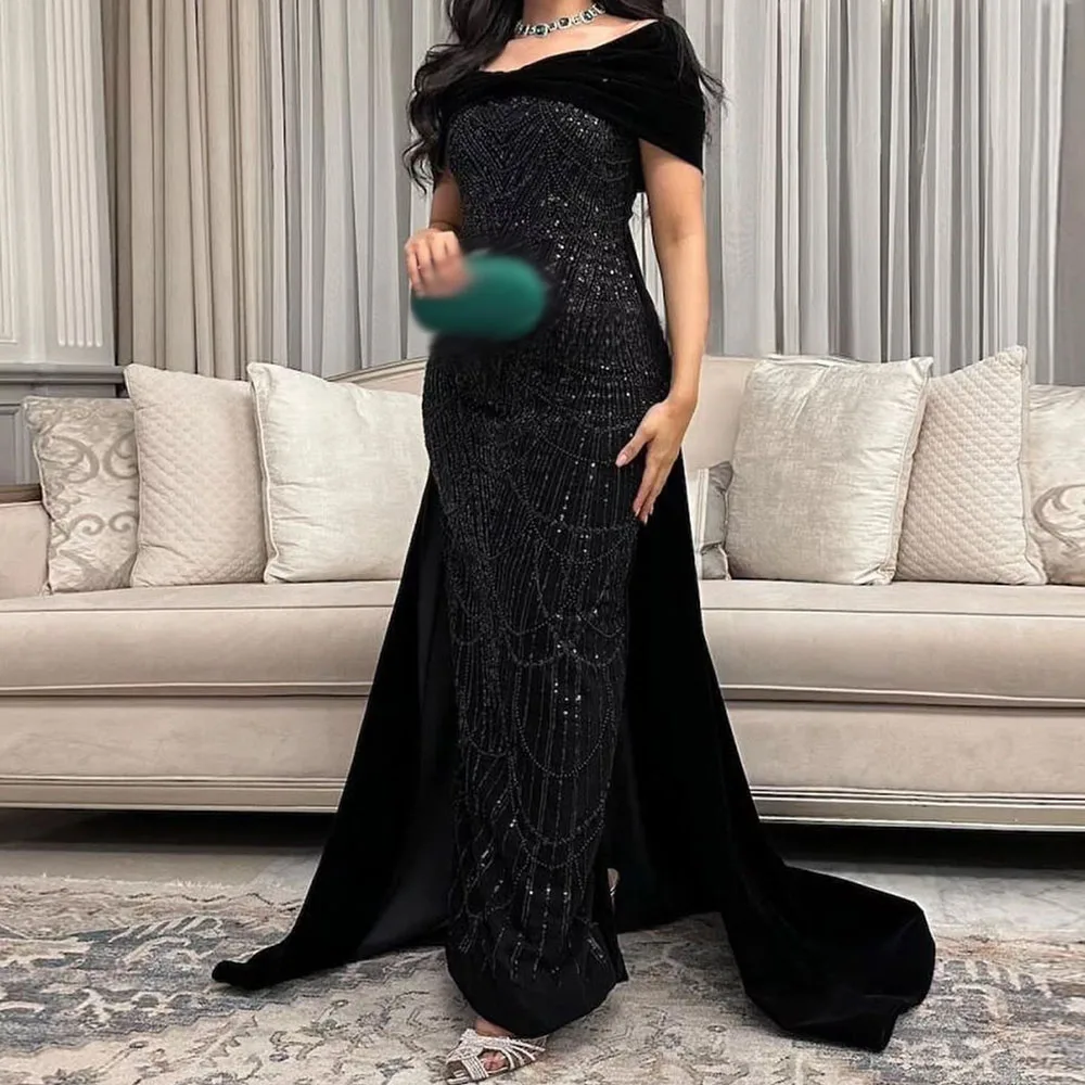 

Customized Straight Evening Dresses Floor-Length Off The Shoulder Sleeveless Prom Gown Fashion Sequined Simple Draped Party Gown