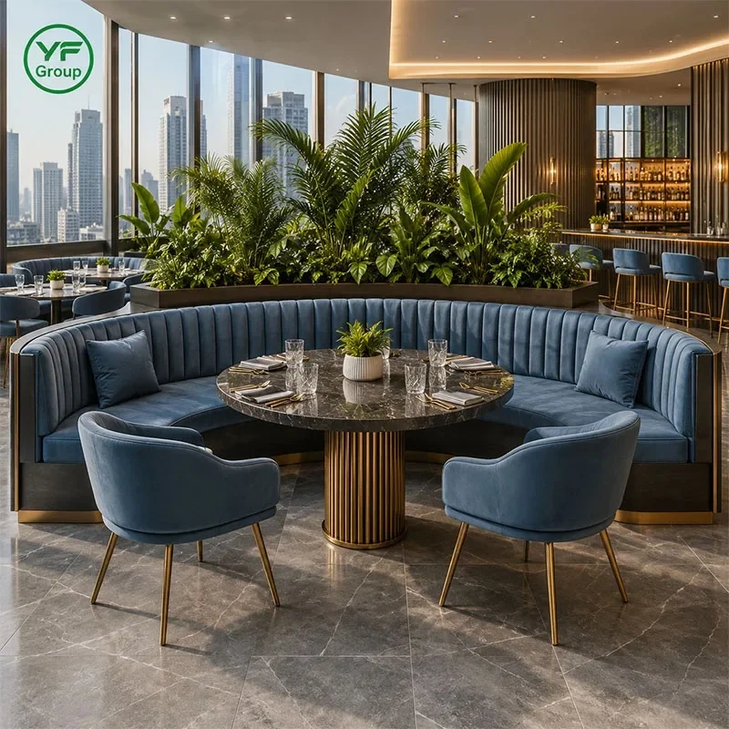 Factory Custom Restaurant Furniture Velvet Fabric Stainless Steel Base Booth Seating with Table Chair Set for Bistro Hotel