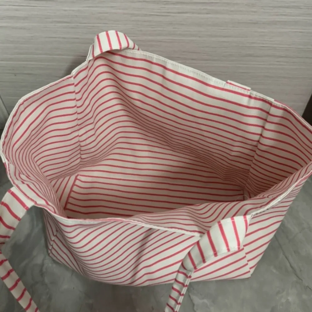 Y2K Large Capacity Canvas Tote Bag Pink Lightweight Shoulder Bag Reversible Thin Thick Striped Handbag Commute