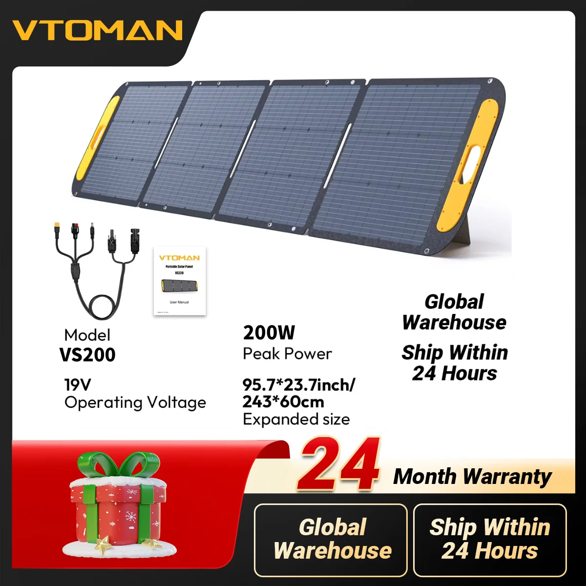 

VTOMAN VS200 Portable Solar Panel 200W 19V Outdoor Rechargeable Solar Generator, High Efficience Complete for Home Camping