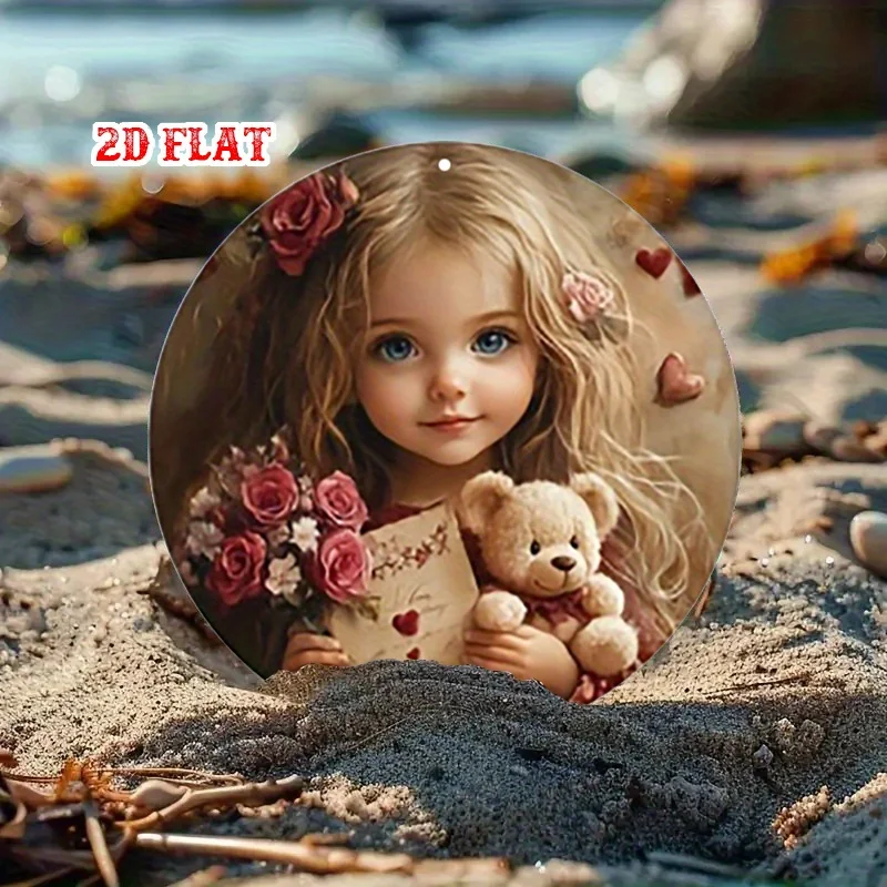2D Flat - 7.8X7.8 Round Sign Featuring a 2D Flat Teddy Bear, Bouquet Design, And Romantic Metal Sign - Rustic Hearts Wall Art