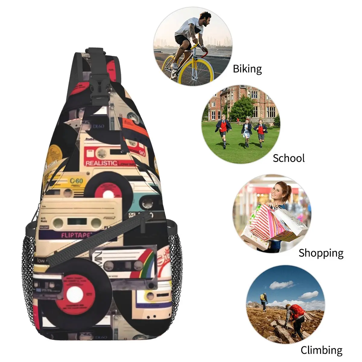 Kassette und Vinyls Cross body Schulter taschen lässige Brusttasche Vintage Walkman Schulter rucksack Tages rucksack Wandern im Freien Radfahren