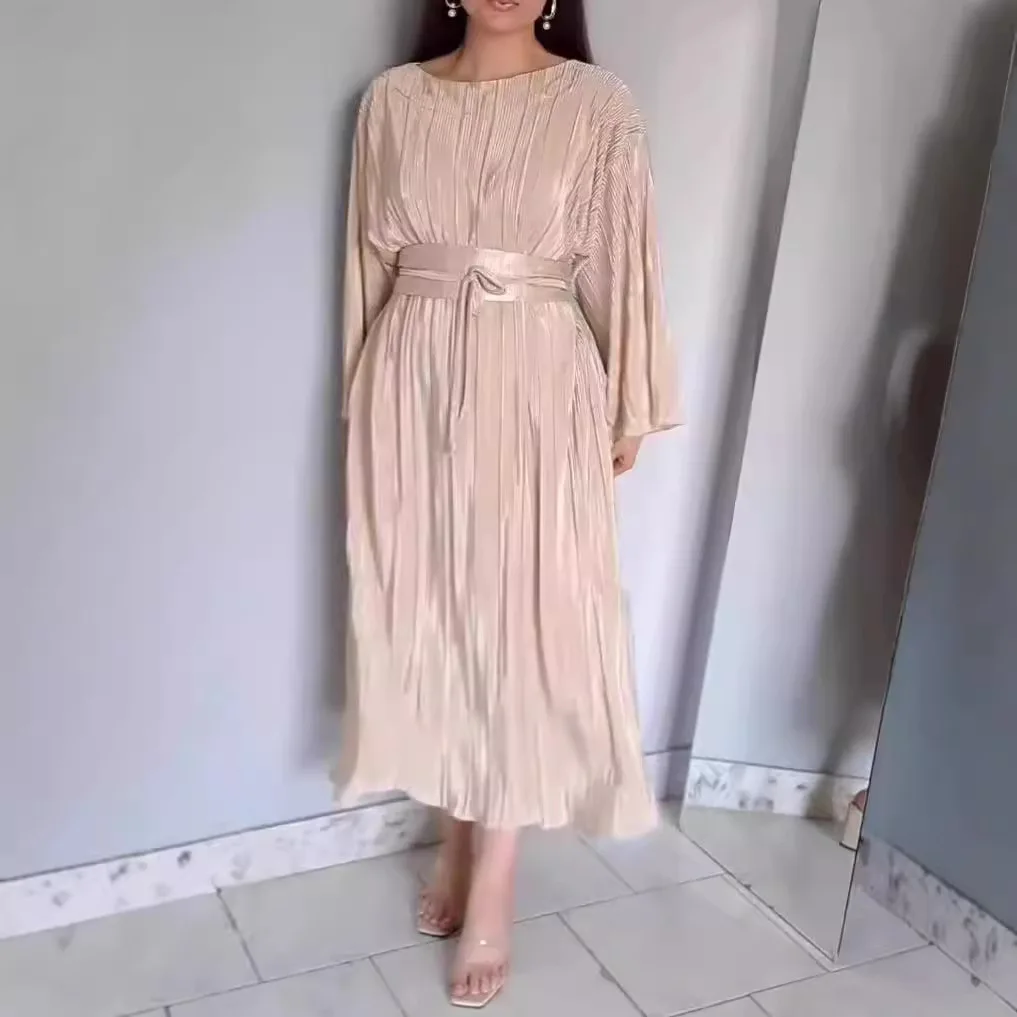 

Casual round Ne Wide Sve Pleated Long Dr High Waist Belted Women's Faion Cross-Border Autumn Dr Knitted Polyester