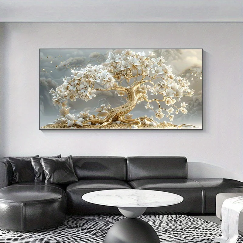 [Elegant Golden Tree Canvas Art] No Framed Elegant Golden Tree Landscape Canvas Art - Serene White Flowers & Golden Accents Wall