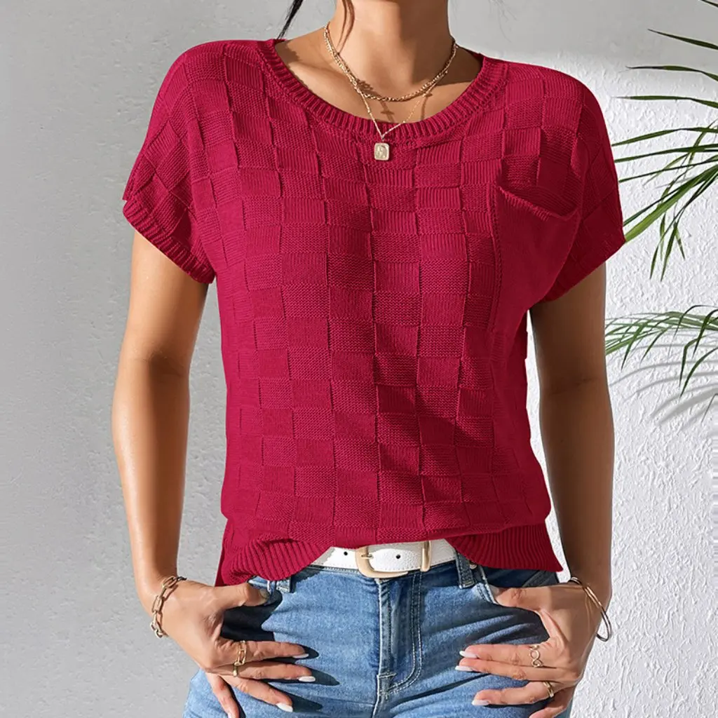 

Women's Solid Color Knitted T-shirt Casual Loose Fit Short-Sleeved Spring/Summer Top European American Style Commuter Wear